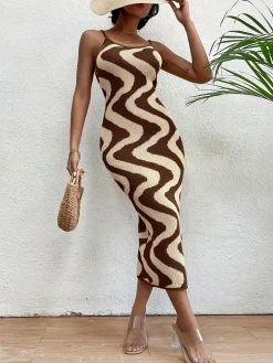 Fashion Retro Stage 1970s Boho Irregular Print Knit Dress Beige