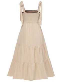 Best Retro Stage Beige 1970s Boho Style Shoulder Tie Dress Cream Color