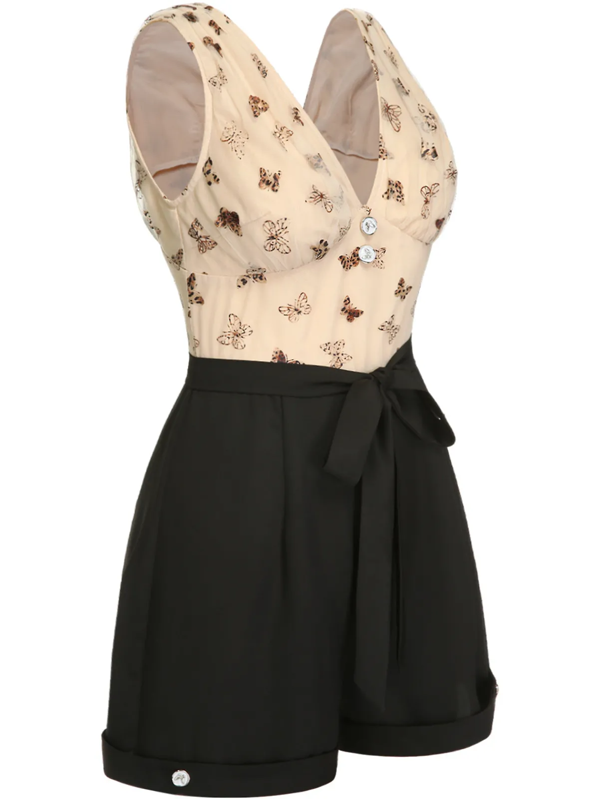 Online Retro Stage 1950s Butterfly Mesh V-Neck Romper Beige