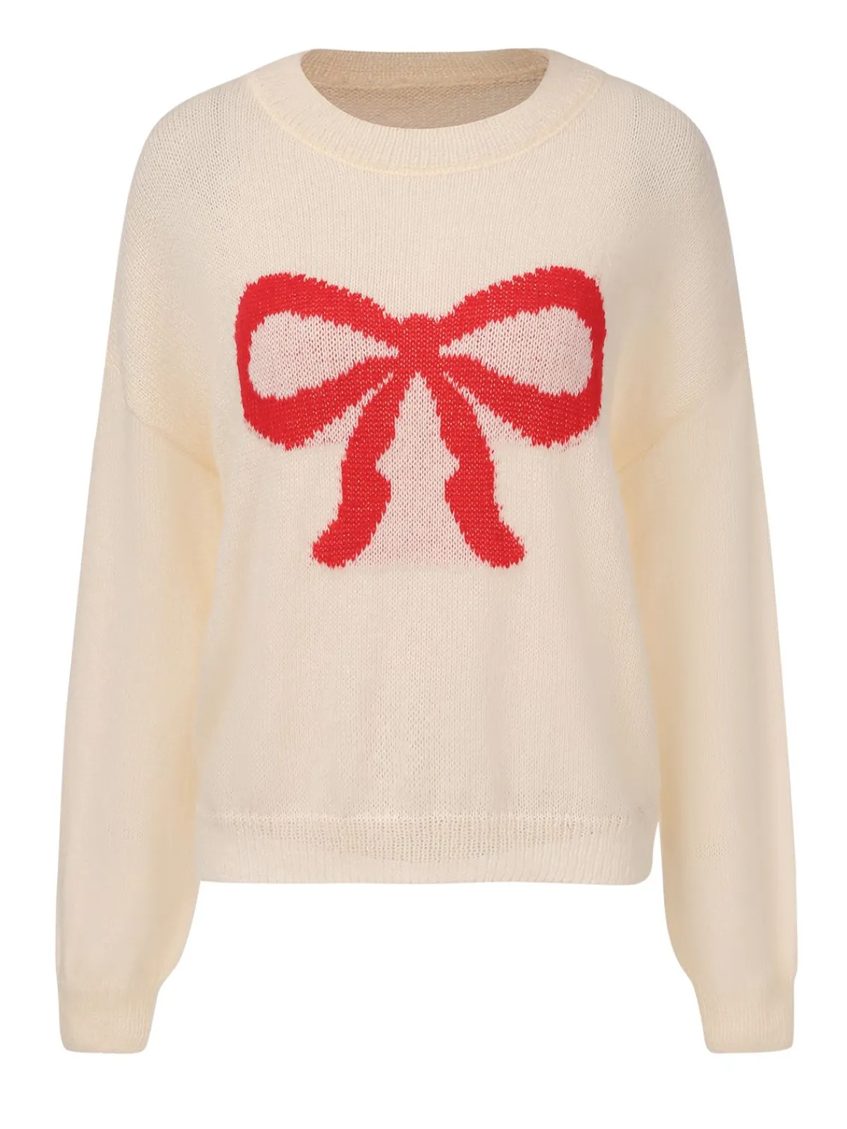 Online Retro Stage 1970s Christmas Bow Pattern Sweater Beige