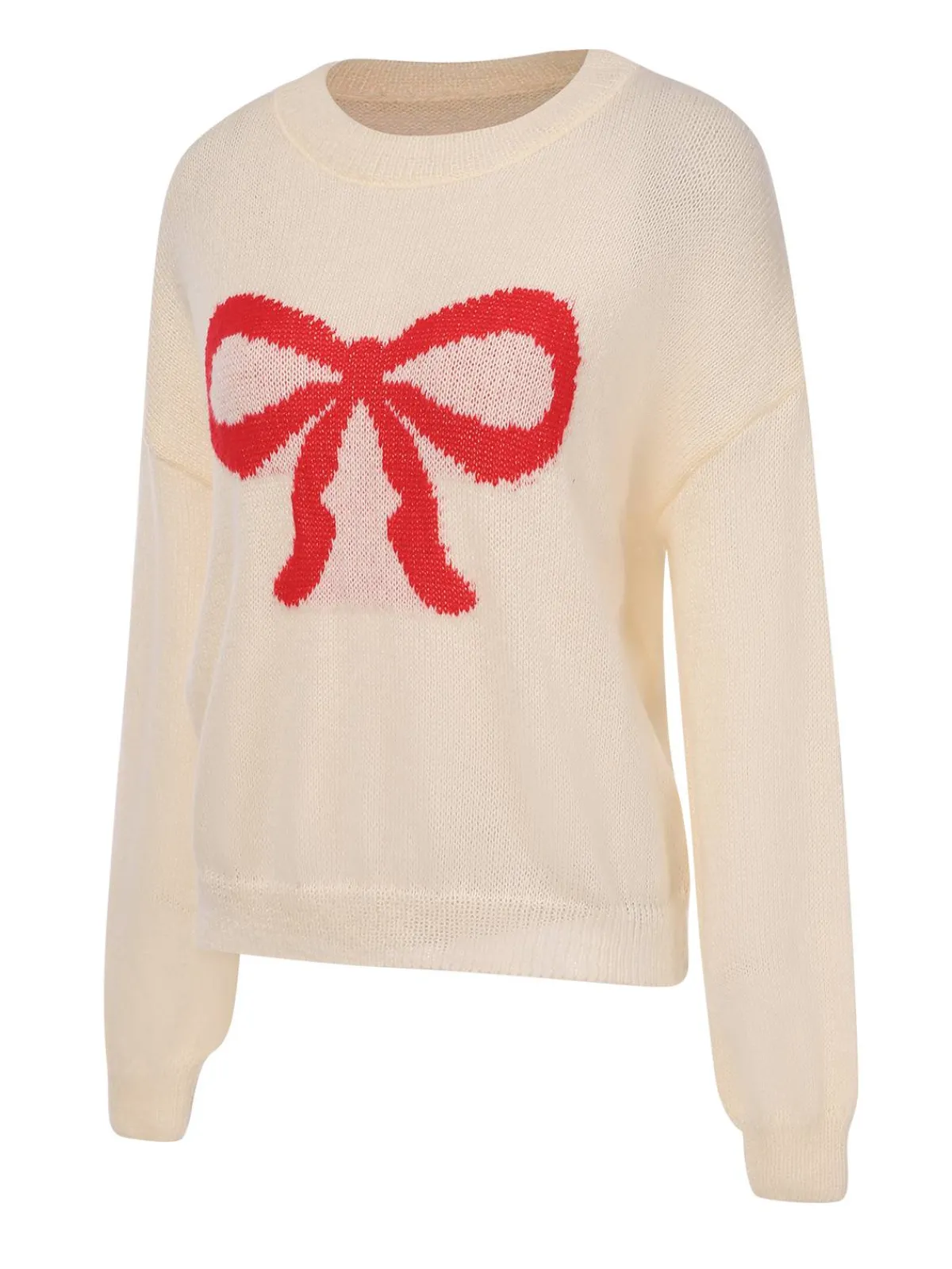 Online Retro Stage 1970s Christmas Bow Pattern Sweater Beige