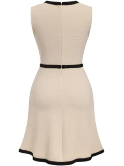 Outlet Retro Stage 1970s Contrast Binding Sleeveless Dress Beige