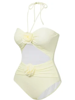 Sale Retro Stage 1930s 3D Flowers Halter One-Piece Swimsuit Beige