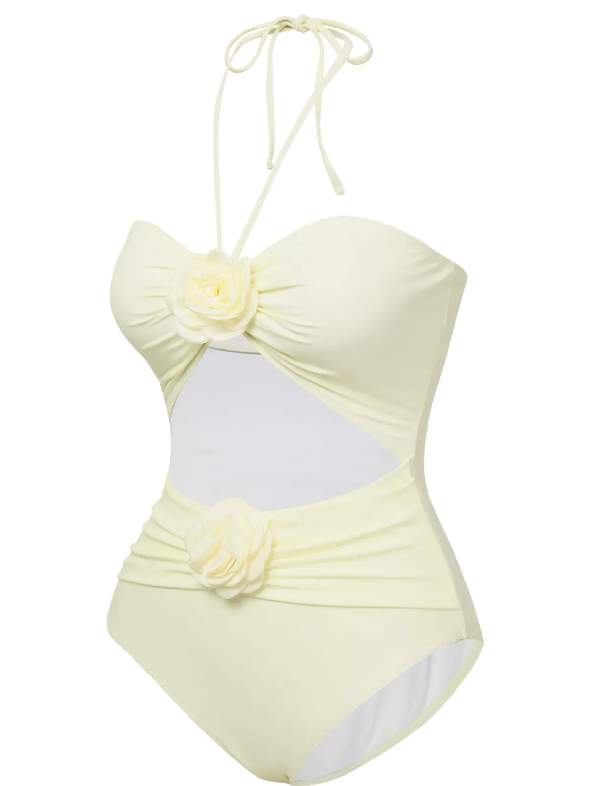 Sale Retro Stage 1930s 3D Flowers Halter One-Piece Swimsuit Beige