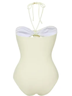 Sale Retro Stage 1930s 3D Flowers Halter One-Piece Swimsuit Beige