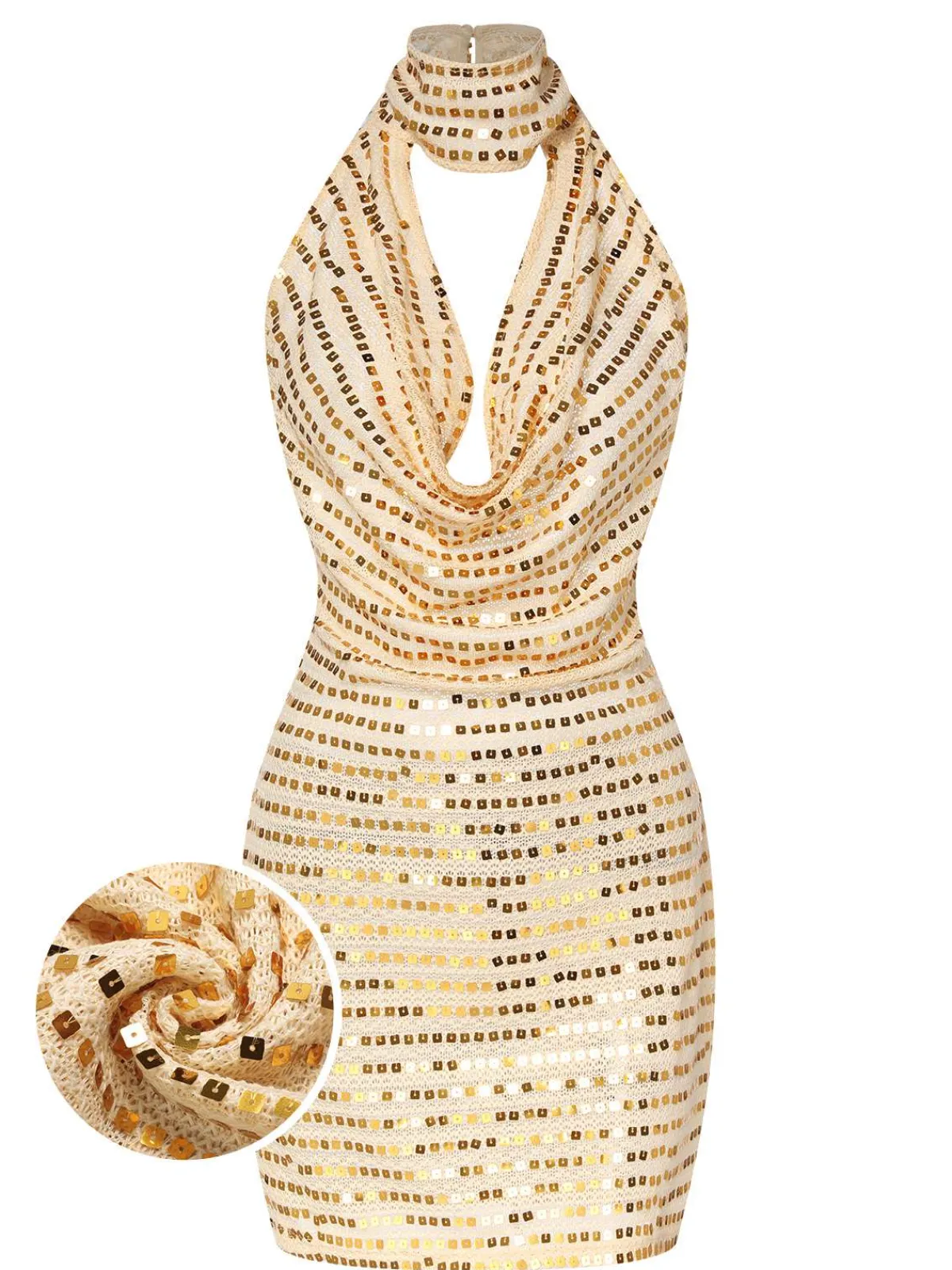 Clearance Retro Stage 1970s Deep V-Neck Sequined Dress Beige