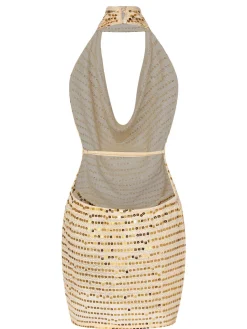 Clearance Retro Stage 1970s Deep V-Neck Sequined Dress Beige