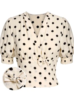 Online Retro Stage Beige 1940s Dots Bowknot V-Neck Blouse