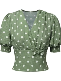 Online Retro Stage Beige 1940s Dots Bowknot V-Neck Blouse