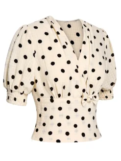 Online Retro Stage Beige 1940s Dots Bowknot V-Neck Blouse