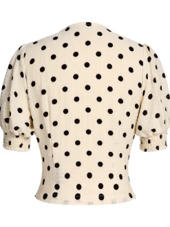 Online Retro Stage Beige 1940s Dots Bowknot V-Neck Blouse