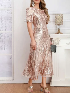 Outlet Retro Stage 1920s Embroidered Sequined Evening Dress Beige