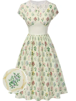 Best Retro Stage 1940s Floral Lace Collar Cap Sleeve Dress Beige
