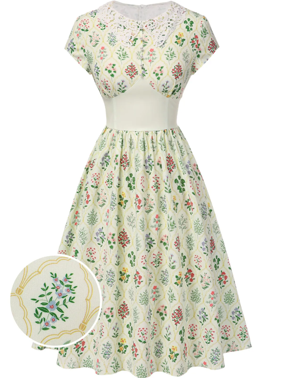 Best Retro Stage 1940s Floral Lace Collar Cap Sleeve Dress Beige