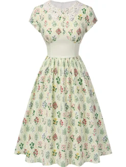 Best Retro Stage 1940s Floral Lace Collar Cap Sleeve Dress Beige