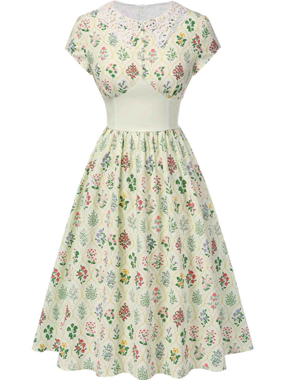 Best Retro Stage 1940s Floral Lace Collar Cap Sleeve Dress Beige