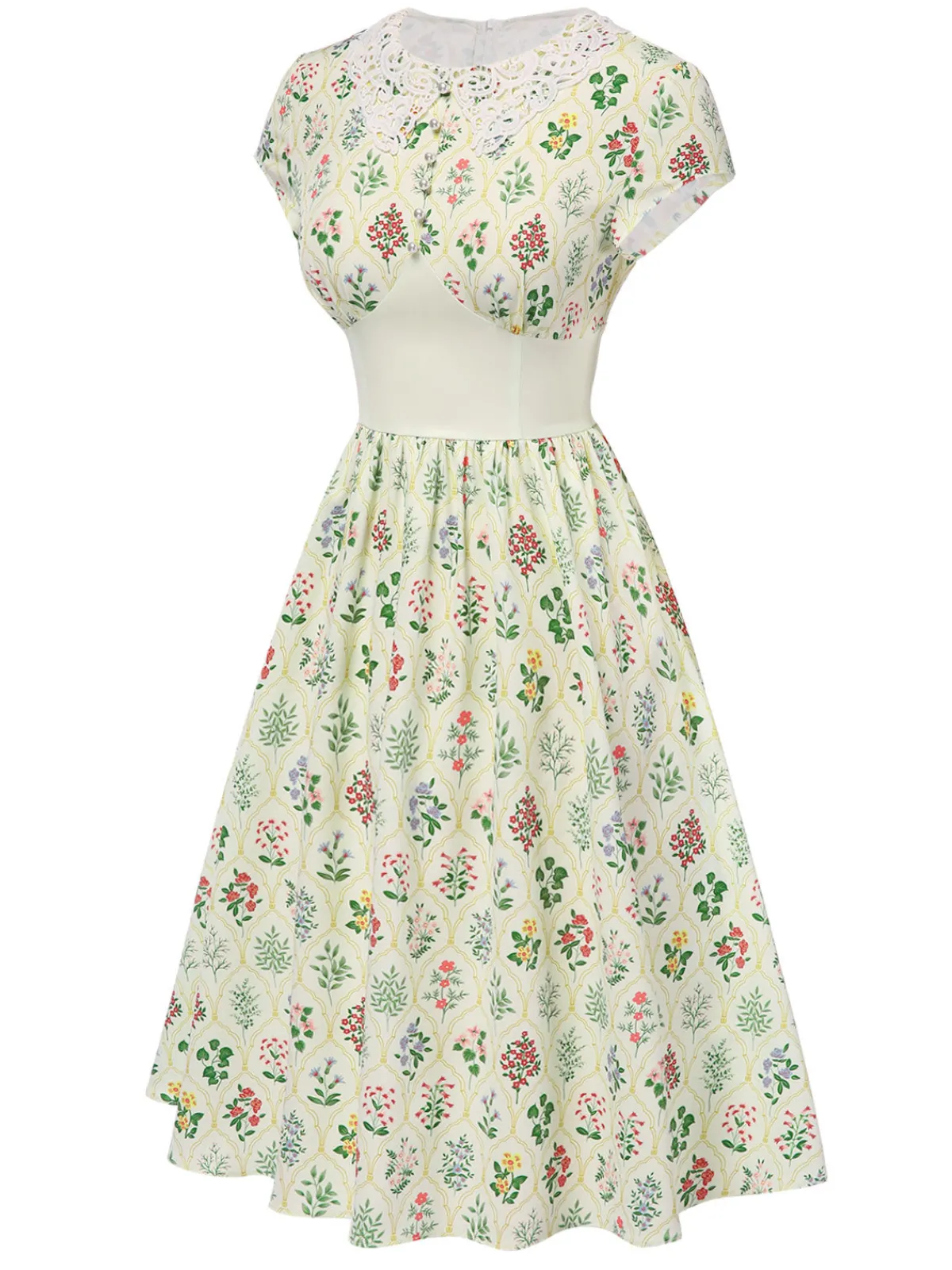 Best Retro Stage 1940s Floral Lace Collar Cap Sleeve Dress Beige