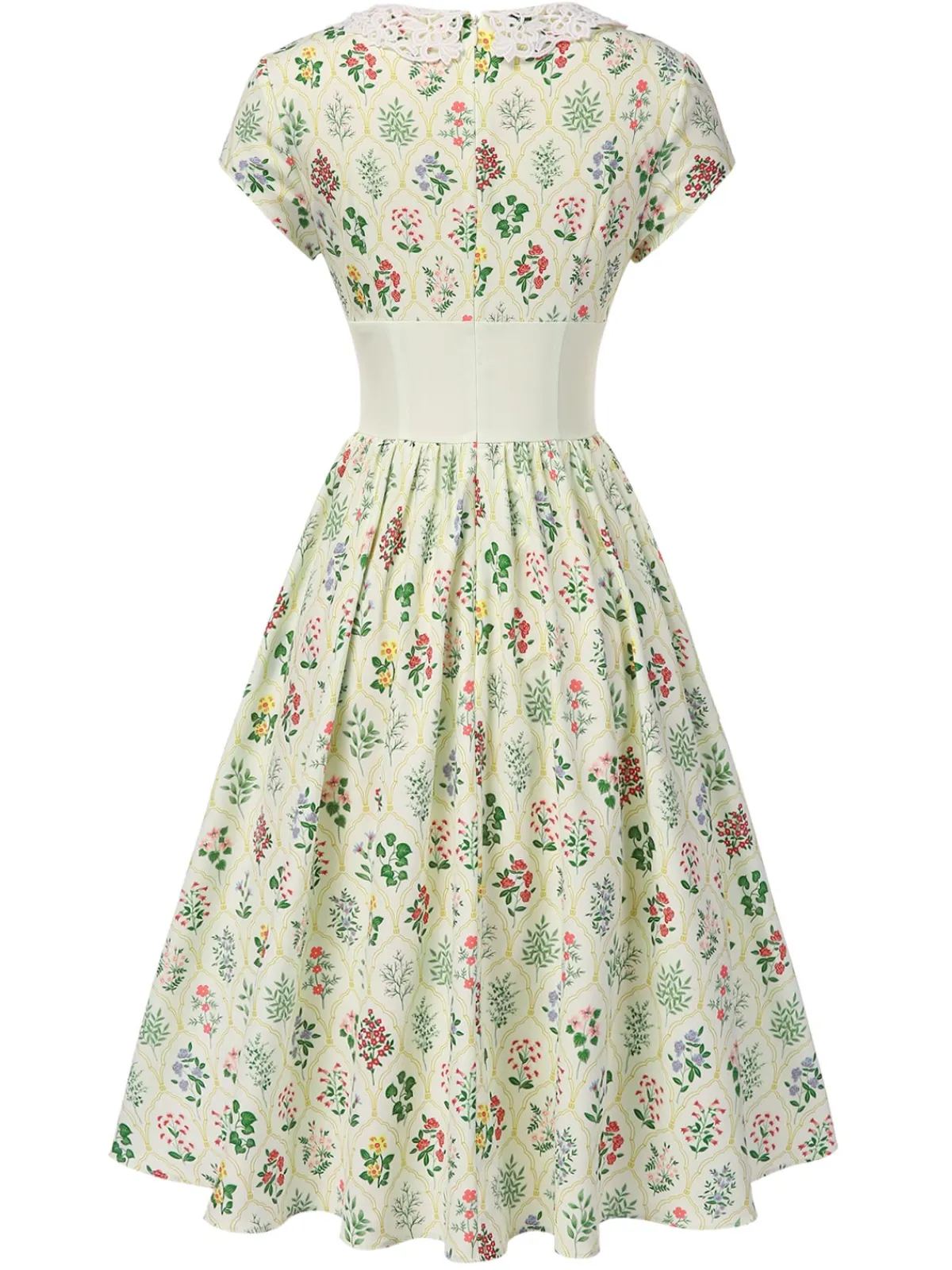 Best Retro Stage 1940s Floral Lace Collar Cap Sleeve Dress Beige