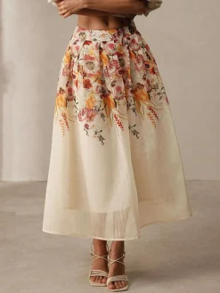 Hot Retro Stage 1940s Floral Mesh Patchwork Skirt Beige