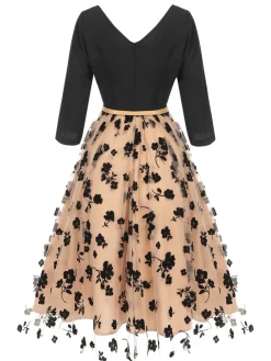 Hot Retro Stage 1950s Floral Mesh Patchwork Belt Dress Beige