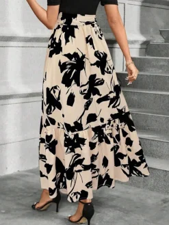 Online Retro Stage 1930s Floral Silhouette A-Line Skirt Beige