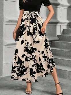 Online Retro Stage 1930s Floral Silhouette A-Line Skirt Beige