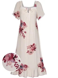 Clearance Retro Stage 1930s Floral Square Collar Ruffles Puff Nightgowns Beige