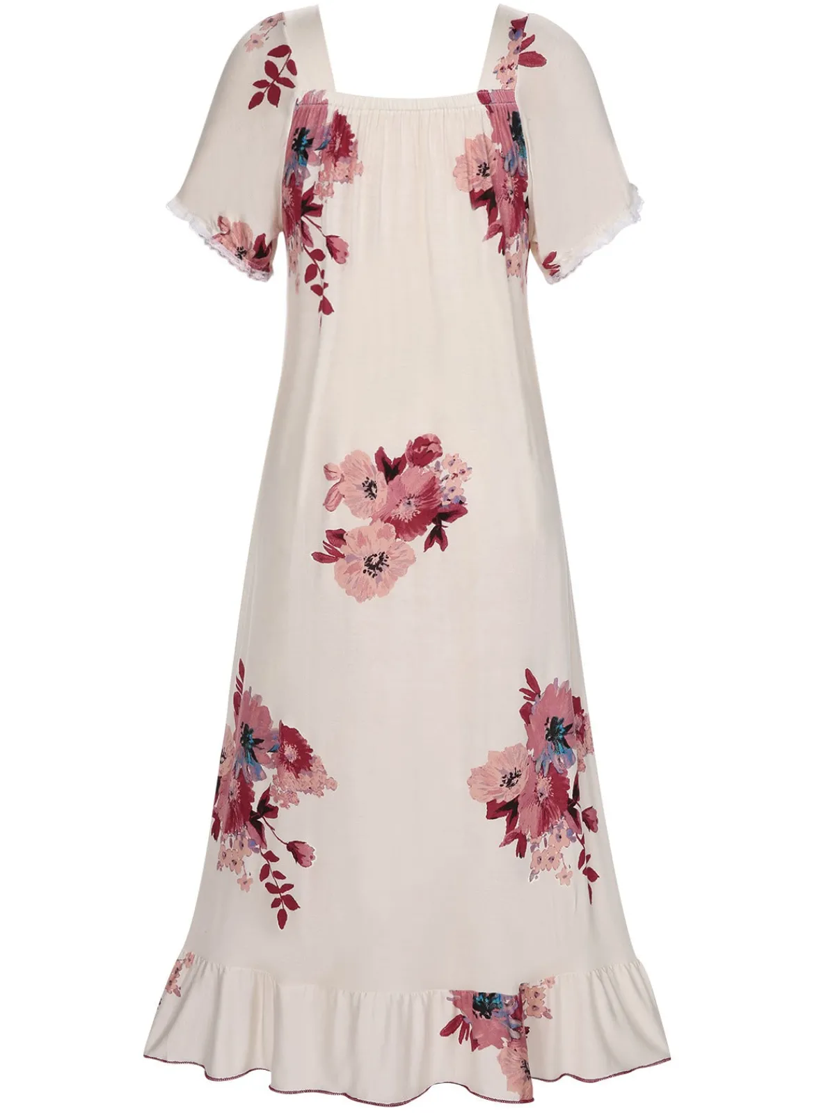 Clearance Retro Stage 1930s Floral Square Collar Ruffles Puff Nightgowns Beige
