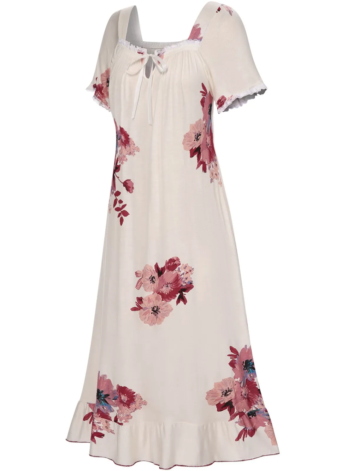 Clearance Retro Stage 1930s Floral Square Collar Ruffles Puff Nightgowns Beige