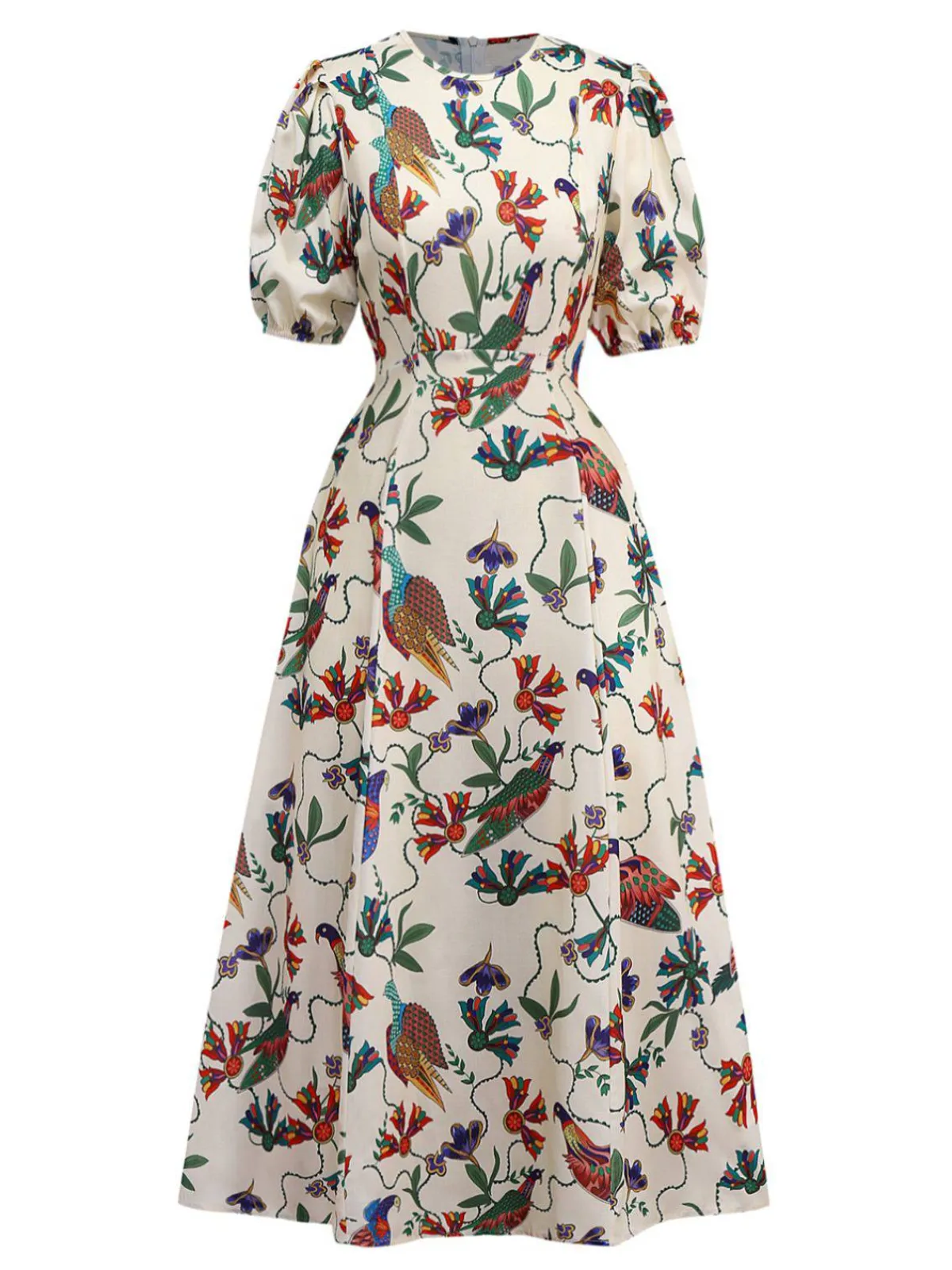 Fashion Retro Stage 1940s Flowers & Birds Print Puff Sleeves Dress Beige