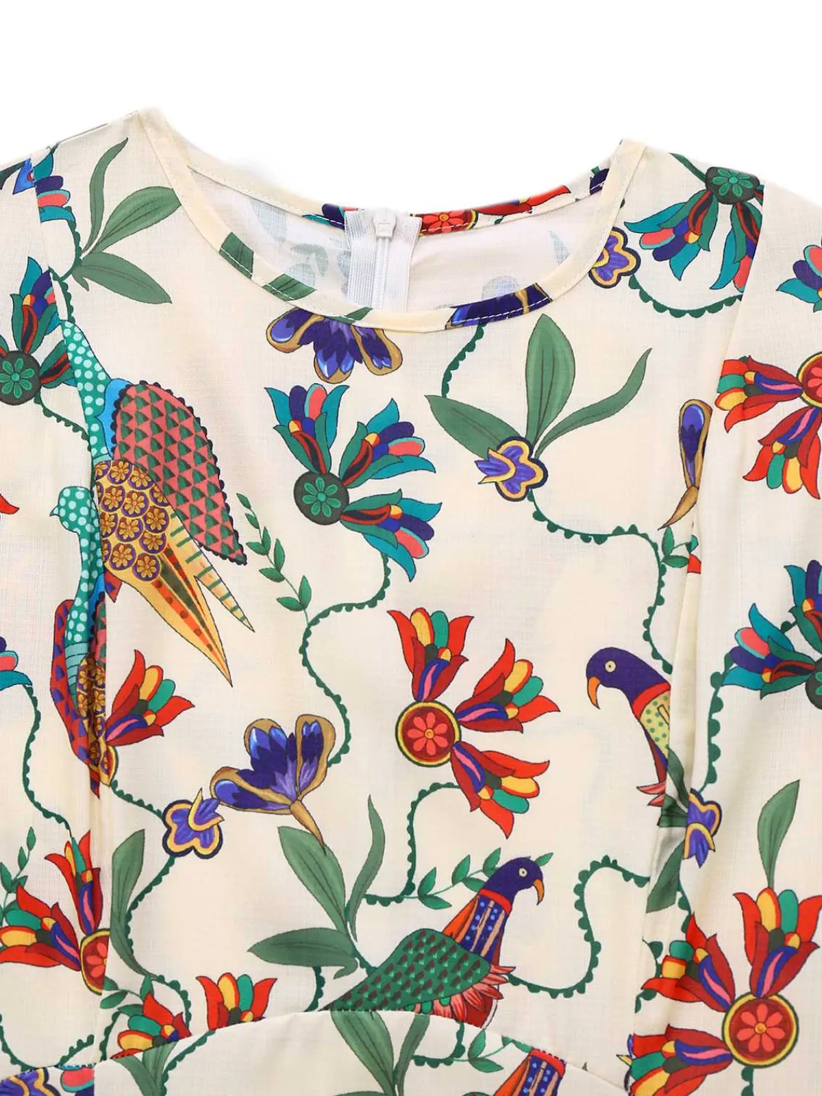 Fashion Retro Stage 1940s Flowers & Birds Print Puff Sleeves Dress Beige