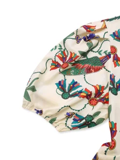 Fashion Retro Stage 1940s Flowers & Birds Print Puff Sleeves Dress Beige