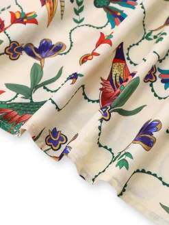 Fashion Retro Stage 1940s Flowers & Birds Print Puff Sleeves Dress Beige