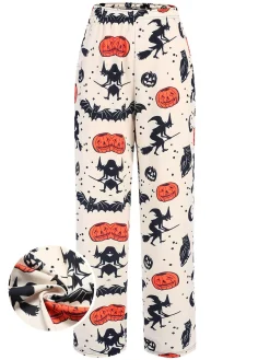 Online Retro Stage 1960s Halloween Pumpkin Pocket Pants Beige