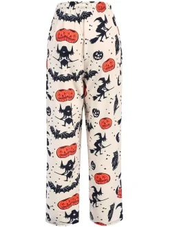 Online Retro Stage 1960s Halloween Pumpkin Pocket Pants Beige