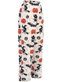 Online Retro Stage 1960s Halloween Pumpkin Pocket Pants Beige