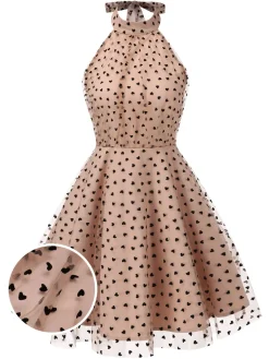 Best Retro Stage 1940s Heart Mesh Halterneck Dress Beige