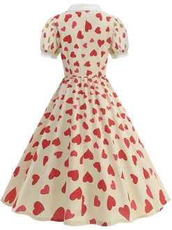 Hot Retro Stage 1950s Hearts Puff Sleeves Lapel Dress Beige