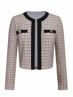 Online Retro Stage 1960s Knitted Patchwork Short Coat Beige