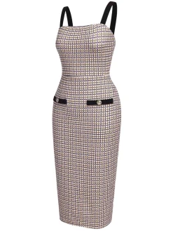 Fashion Retro Stage 1960s Knitted Straps Pencil Dress Beige