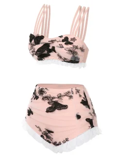 Outlet Retro Stage Beige 1950s Mesh Butterfly Tankini Set