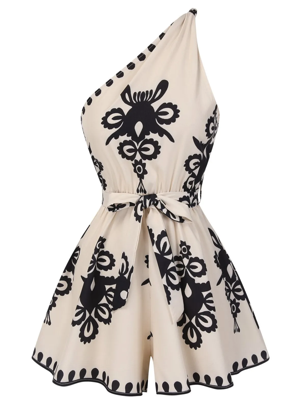 Discount Retro Stage Beige 1940s Oblique Neck Tribal Printed Romper