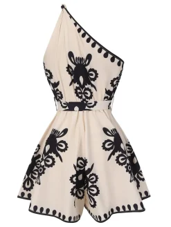 Discount Retro Stage Beige 1940s Oblique Neck Tribal Printed Romper
