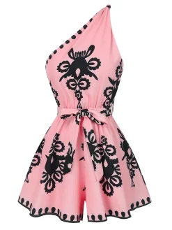 Discount Retro Stage Beige 1940s Oblique Neck Tribal Printed Romper