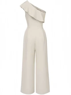 Best Retro Stage 1970s One-Shoulder Tiered Ruffles Jumpsuit Beige