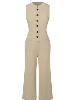 Sale Retro Stage 1940s Pockets Solid Sleeveless Jumpsuit Beige