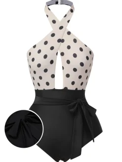 Hot Retro Stage 1950s Polka Dot Halter One-Piece Swimsuit Beige