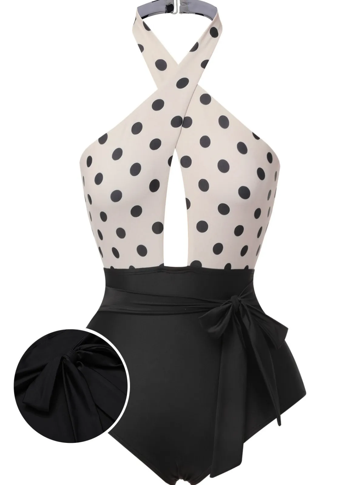 Hot Retro Stage 1950s Polka Dot Halter One-Piece Swimsuit Beige