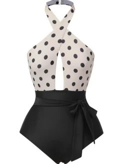 Hot Retro Stage 1950s Polka Dot Halter One-Piece Swimsuit Beige