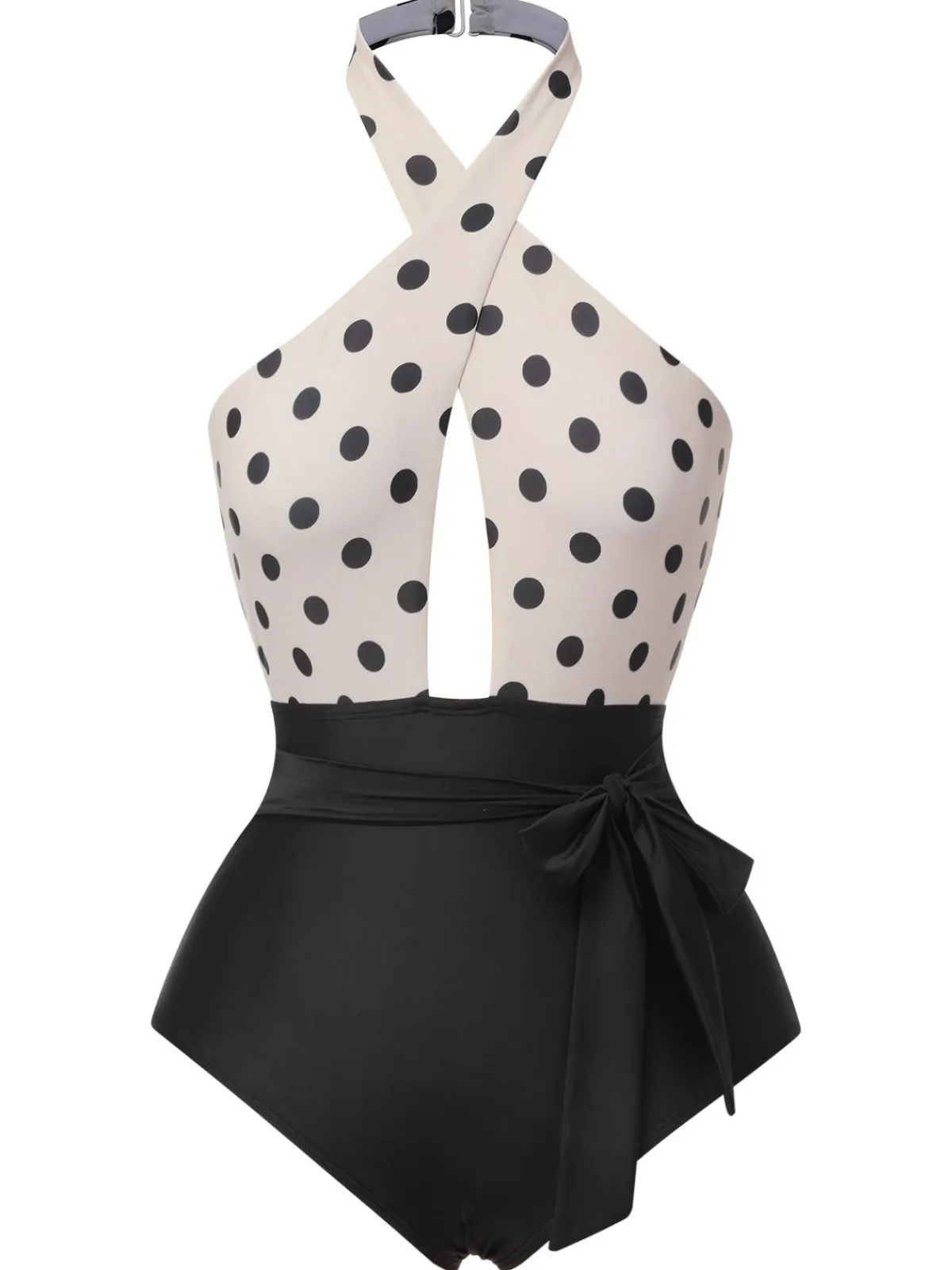 Hot Retro Stage 1950s Polka Dot Halter One-Piece Swimsuit Beige